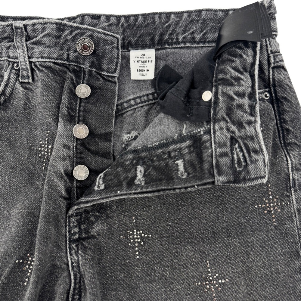 H&M Jeans Womens 28 Vintage Y2K Fit High Waist Grey Rhinestone Star Goth Denim‎